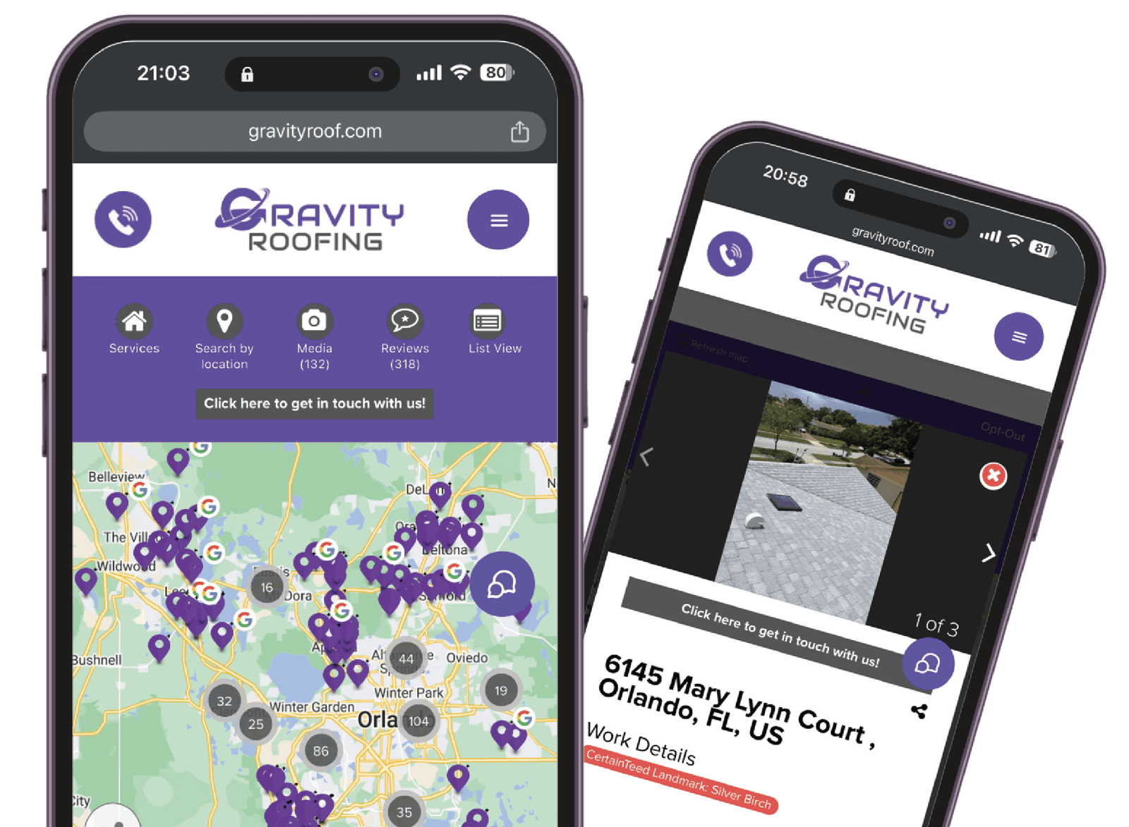 Gravity Roofing interactive map showing completed roof replacement projects across Central Florida.