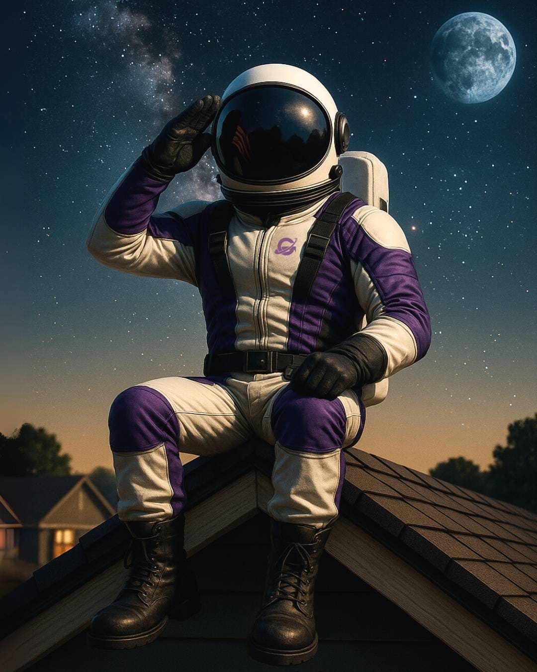 Gravinaut mascot sitting on a roof at night, symbolizing Gravity Roofing’s out-of-this-world service.