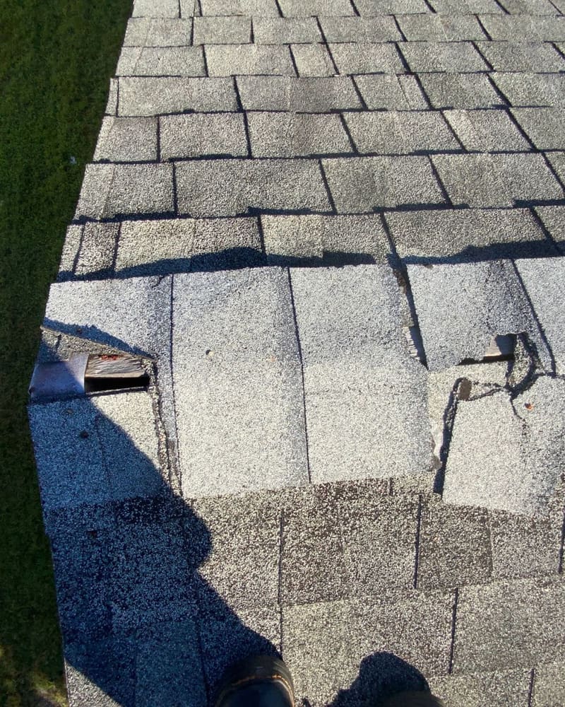 Close-up of roof shingles showing signs of hidden hurricane damage