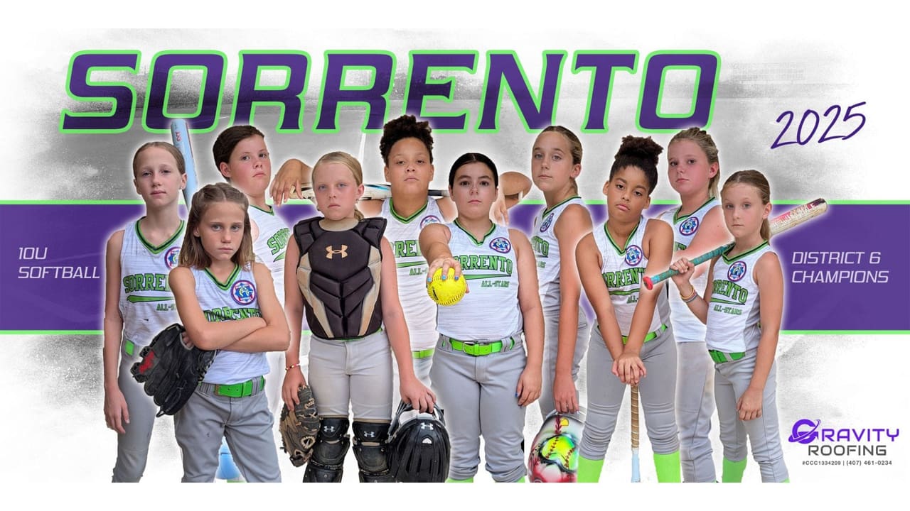 Sorrento Babe Ruth All-Stars 10U Softball Team in uniforms posing as 2025 District 6 Champions sponsored by Gravity Roofing