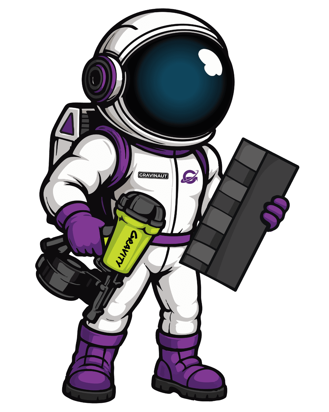 Gravity Roofing astronaut mascot holding roof shingles and roofing tools