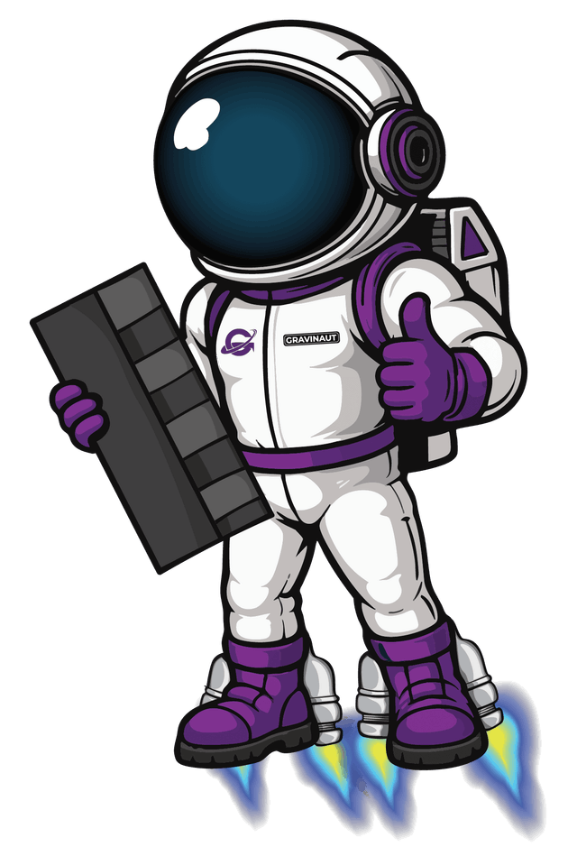 Gravity Roofing astronaut mascot holding roof shingles with rocket boots