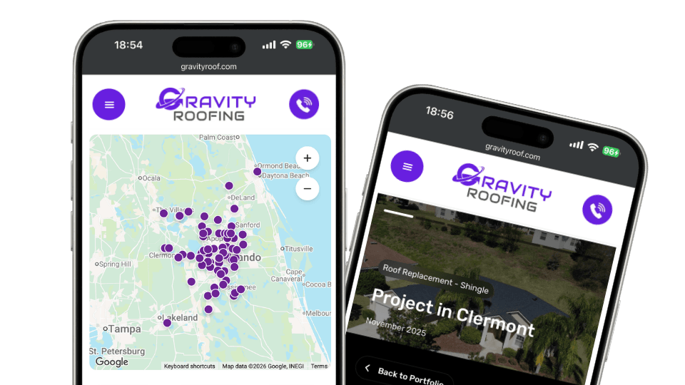 Two phone mockups displaying Gravity Roofing's Central Florida roofing project map and a completed roof replacement in Clermont